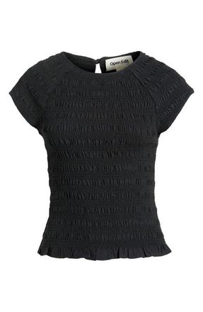 Open Edit Cap Sleeve Smocked Top in Black at Nordstrom, Size Xx-Small