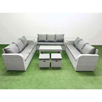 Fimous Pe Rattan Lounge Sofa Set 11 Seater Outdoor Garden Furniture Set with Oblong Coffee Table 3 Seater Sofa 2 Stools 2 Side Table Light Grey - Fimous