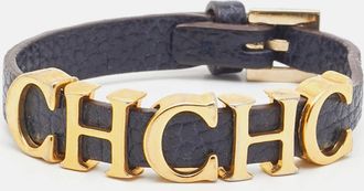 Carolina Herrera Navy Blue Leather Gold Tone Logo Charm Bracelet