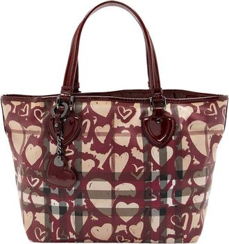 Burberry Beige Leather Nova Check Painted Hearts Tote (Authentic Pre-Loved)