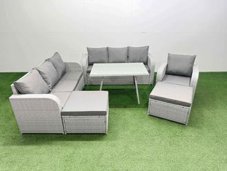 Fimous 6 Pieces Outdoor PE Rattan Garden Furniture with Big Stools Light Grey