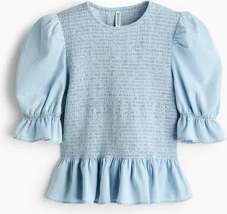 H&M Smocked Denim Blouse in Light Blue at Nordstrom, Size Xx-Large