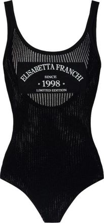 Elisabetta Franchi Tops, Dames, Zwart, XS, Polyester, Geribbelde Body met Logo-Print