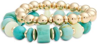 Nordstrom Set of 2 Beaded Stretch Bracelets in Turquoise Multi- Gold at Nordstrom
