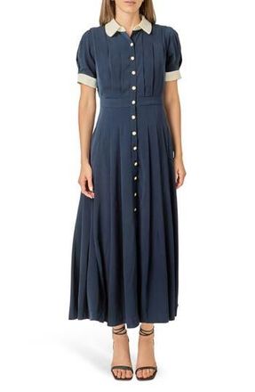 English Factory Short Sleeve Pleated Midi Shirtdress in Navy/White at Nordstrom Rack, Size X-Small