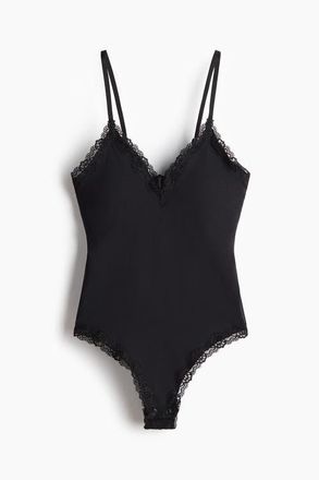 H&M Seamless Lace-trimmed Body in Black at Nordstrom, Size X-Small