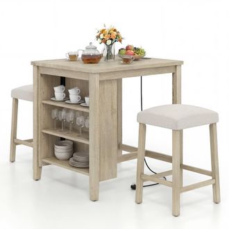 Costway Costway 3PCS Bar Table Set Kitchen Dining Table w/ 2 Stools & Power Outlet