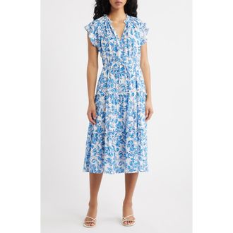 Rails Juni Floral Tie Waist Linen Blend Midi Dress in Azure Jasmine at Nordstrom, Size Xx-Small