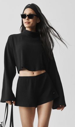 Alo | Ribbed Cropped Reset Long Sleeve Top in Black, Size: Medium