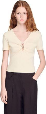 Sandro Jewelled cropped cotton T-shirt in Ecru at Nordstrom, Size X-Small