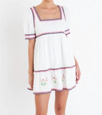 English Factory Embroidered Short Sleeve Dress In Ivory Multi