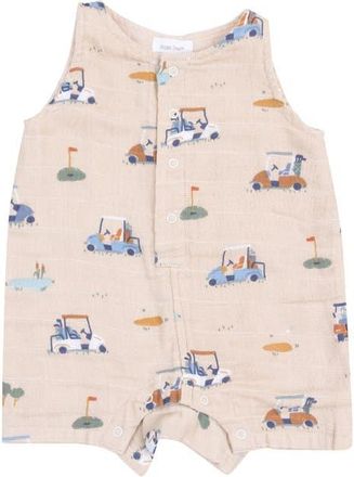 Angel Dear Golf Print Sleeveless Organic Cotton Gauze Romper in Beige at Nordstrom, Size 18-24M