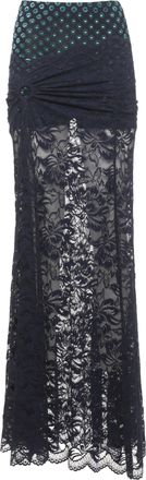 Paco Rabanne Sheer Floral Lace Maxi Skirt With Draped Detail And Contrasting Waistband