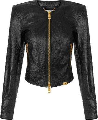 Elisabetta Franchi Jassen, Dames, Zwart, S, Leer, Leren jas met struisvogeltextuur