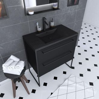 Aurlane Aurlane - Mueble De Ba&ntilde;o 80x50 2 Cajones - Lavabo De Resina Negro Efecto Piedra Structura F051