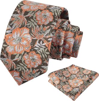Alizeal Mens 8cm Floral Pattern Tie for Men and Pocket Square Classic Wedding Party Necktie Set, Olive Green+Orange