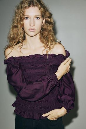 H&M Smocked Off-the Shoulder Blouse in Plum Purple at Nordstrom, Size Xx-Large