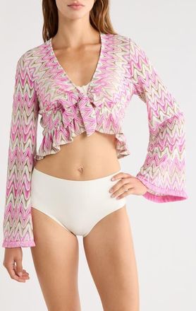 Ramy Brook Kai Tie Metallic Front Long Sleeve Crop Cover-Up Top in Radiant Pink Zigzag at Nordstrom, Size Xx-Small