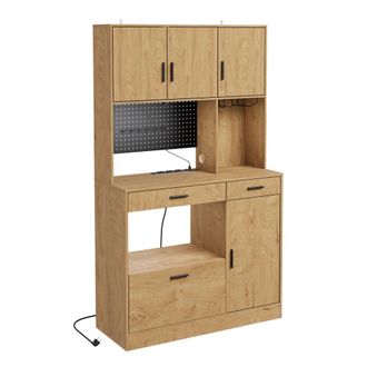SoBuy Sobuy Alacena De Cocina Con Luces Led Y Enchufes Mueble Auxiliar De Cocina Alto Con 4 Puertas Y 3 Cajones Armario Organizador Para Microondas Y Vajill