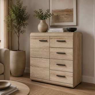Dmora Credenza Hamo, Alacena 4 Cajones, 2 Estantes, Puerta Batiente, Corredera, 80x42x87h Cm Marr&oacute;n Roble