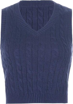 Generic 2025 Sweater Womens Casual Plaid Knitted Tank Top Knitwear Preppy Style V-Neck Vest Sweater (Navy, L)