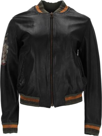 Mr & Mrs Italy Leather Jacket with Ribbed Cuffs and Graphic Patches