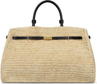 DeMellier The Hudson Woven Raffia & Leather Top Handle Bag in Natural/black at Nordstrom