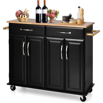 Costway Carrello da Cucina con Cassetti, Isola Cucina con Piano in Legno di Gomma, con 4 Ante Ripiani Regolabili e Porta Asciugamani, per Cucina Bar