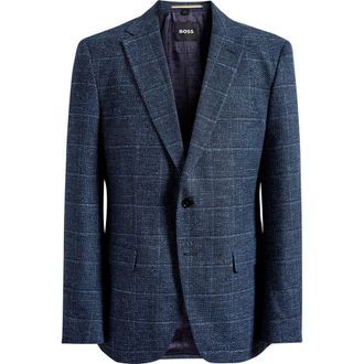 BOSS Hutson Dark Blue Windowpane Check Slub Cotton Blend Sport Coat at Nordstrom, Size 36 Regular