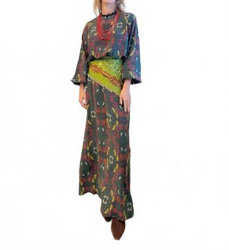 Franco Ferrari Trapezio Long Silk Dress In Green Floral