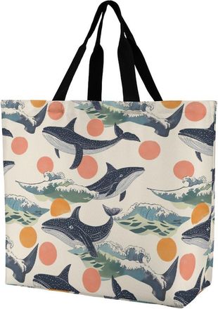 Generic Whales And Waves Reusable Shopping Bags One Shoulder Grocery Tote Bag Waterproof Big Purse for Work Travel