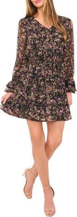CeCe by Cynthia Steffe Floral Long Sleeve Tiered Dress in Rich Black at Nordstrom Rack, Size Large