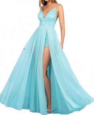 Scala V-Neck Floor-Length Tulle Prom A-Line Dress In Turquoise/silver