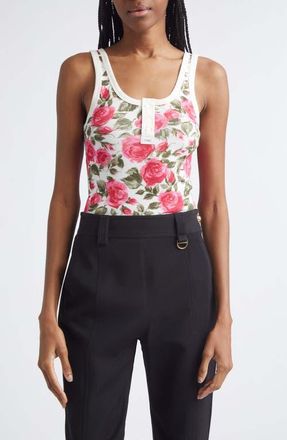Chlo&eacute; Roses Print Rib Henley Tank in White - Pink at Nordstrom, Size Medium