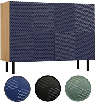 OEM C&oacute;moda Artesanal De Roble/azul Marino Con Frentes Ranurados, 2 Puertas Dise&ntilde;o Moderno Perfecta Para Sal&oacute;n O Dormitorio