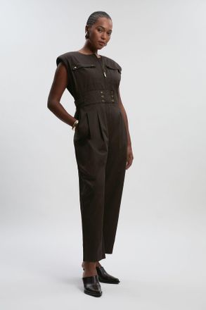 Karen Millen Womens Plus Size Cotton & Faux Leather Tab Utility Jumpsuit - Chocolate - Size 18 UK