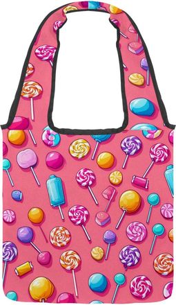 Generic Pink Candy Pattern Reversible Canvas Shoulder Tote - Double-Sided Print, 12oz Cotton, 27cm Drop, Fold-Flat Bag for Travel, Shopping, Street Outings