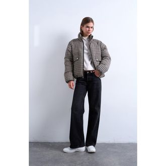 Topshop Micro Check Puffer Bomber Jacket in Black at Nordstrom Rack, Size Medium