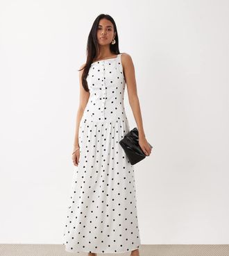 KAIIA Esclusiva Kaiia - Vestito lungo con scollo squadrato con bottoni e vita scesa a pois monocromatici-Bianco