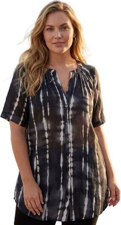 Roaman's Plus Size Angelina Crinkle Crepe Y Neck Short Sleeve Tunic in Black Variegated Tie Dye at Nordstrom, Size 34