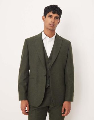 Asos Giacca da abito slim in misto lana con motivo a spina di pesce verde scuro