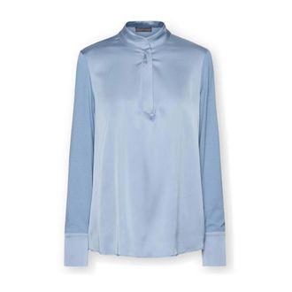 Elena Miro Overhemden, Dames, Blauw, 2Xl, Satijn, Viscose T-shirt met mandarijnkraag