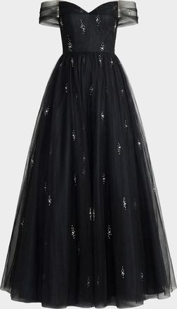 Mac Duggal Off-the-Shoulder Pearly Tulle Gown