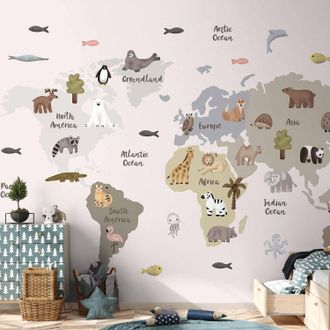 OEM Fotomural - Mapa En Tonos Pastel - Animales Y Continentes Para Una Habitaci&oacute;n Infantil