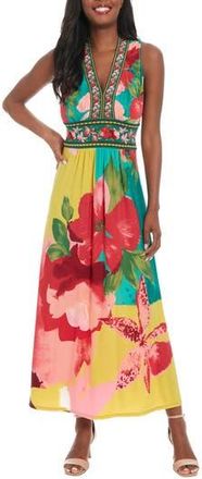 London Times V-Neck Sleeveless Maxi Dress in Teal/Red at Nordstrom Rack, Size 12