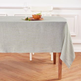 Solino Home Linen Tablecloth for Dining Table, Holiday and Everyday Dining Table Decor - Narrow Stripe in Avocado And White at Nordstrom, Size X-Large