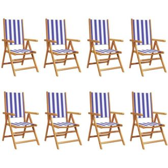 vidaXL Vidaxl - Sillas Jard&iacute;n Reclinables 8 Uds Madera Maciza Tela Azul Blanco