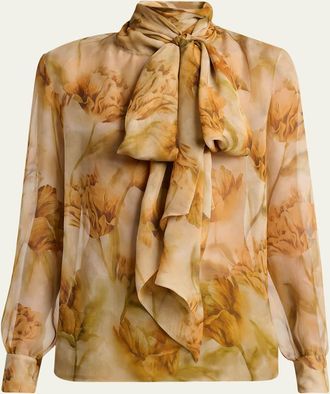 Saint Laurent Tie-Neck Floral-Print Silk Chiffon Blouse
