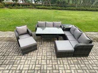 Fimous 9 Seater Outdoor Rattan Garden Furniture Set Oblong Dining Table & Chairs Set with 3 Seater Sofa 2 Big Footstool Side Table Dark Grey Mixed