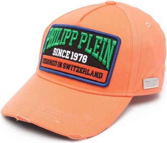 Philipp Plein logo-patch distressed cotton baseball cap - unisex - Cotton - One Size - Orange